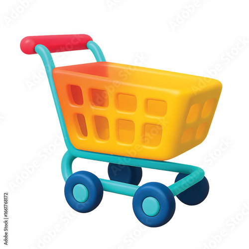 A colorful 3D rendering of a small shopping cart.