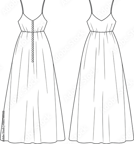 Long dress flat sketch, fashion technical drawing, front and back view, maxi dress design, spaghetti straps, button details, summer outfit, vector fashion illustration