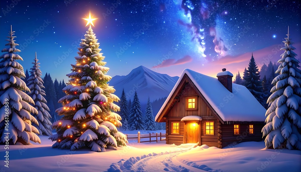 Fototapeta premium Cozy Log Cabin with Illuminated Christmas Tree in Snowy Mountain Landscape at Twilight