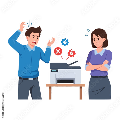 Frustration Over a Broken Printer: Colleagues express their dismay and anger as they encounter a malfunctioning printer, symbolising a breakdown in the workplace. 