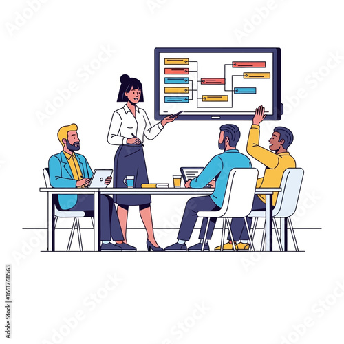 Strategic Brainstorm: A decisive presentation of a business strategy in progress, with individuals actively listening and absorbing knowledge. The scene exudes collaborative, professional expertise.