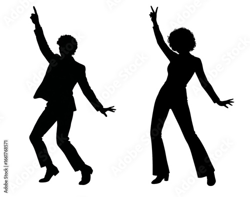 Silhouettes of people dancing
A man and a woman in dynamic poses. They have raised their hands and look as if they are dancing. Black silhouettes on a white background. 90s disco