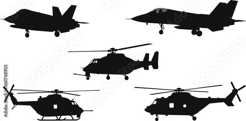 Military jet silhouette, fighter aircraft vector, helicopter icon, war aviation graphic, combat plane illustration, defense helicopter symbol, black aviation outline