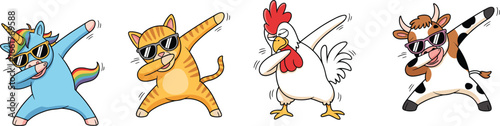 Funny cartoon unicorn, cat, rooster, and cow wearing sunglasses and dancing dab pose illustration for kids, humor, and trendy pop cultureFunny cartoon unicorn, cat, rooster