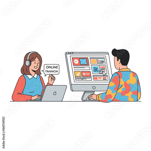 Virtual Learning Landscape: An illustrative scene capturing the essence of online training, depicting two individuals engrossed in a collaborative, technology-driven educational experience.