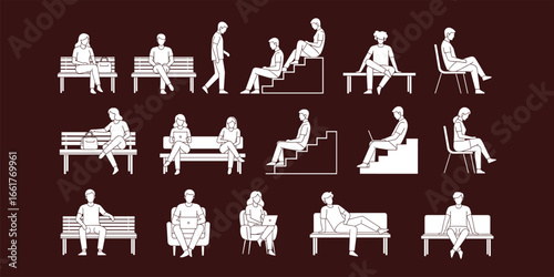 People sitting on benches, chairs, stairs illustration, vector outline characters, casual lifestyle design, relaxing poses, modern flat drawing