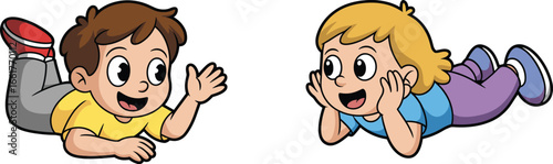 Happy cartoon boy and girl lying on the floor talking and smiling, cute children illustration for education, family, friendship, and storytelling design