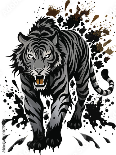 Aggressive Gray Tiger with Black Ink Splatter on White Background black stripes roaring