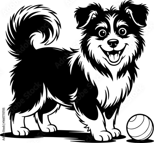 A lively black and white silhouette of a fluffy dog with a thick, bushy tail, playfully standing near a ball