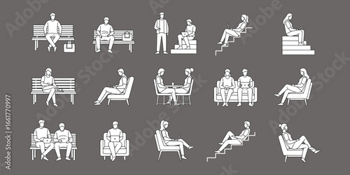 People sitting on benches, chairs, stairs, working with laptop, drinking coffee, relaxing illustration, outline vector, casual modern lifestyle design