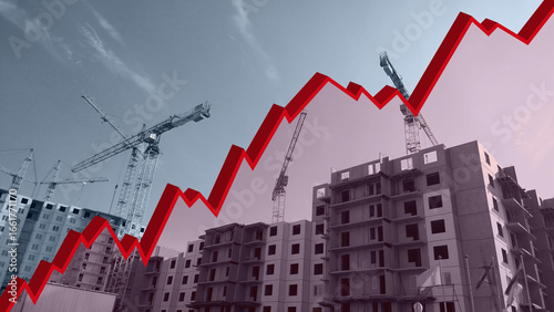 Red 3d graph on construction site monochrome background. chart. Interest Rate Increases. Apartment. Industry crisis concept. Inflation. Flat Rising prices. Rental housing market research. statistics