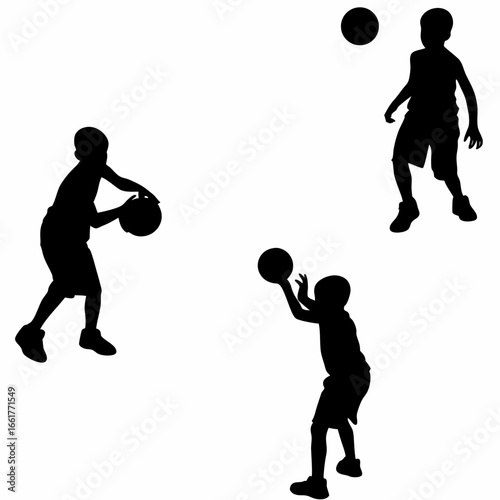 Silhouette of boys playing basketball together in different poses on white background