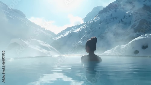 Winter hot spring bath pool in resort. A digital artwork portraying a serene, tranquil scene of a person immersed in a tranquil body of water surrounded by pristine, snowcovered mountains.