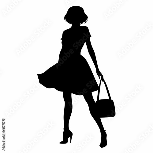 Silhouette of a woman in a dress walking with a handbag in hand