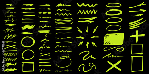 Green highlight markers set. Simple hand-drawn underlines. Collection of neon brush strokes, curly elements, circles, arrows for designs. Vector illustration on a black background