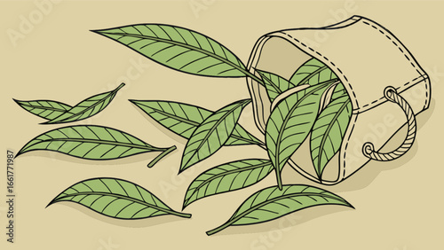 Illustration of leaves spilling from a bag, nature art, botanical drawing, organic elements design art