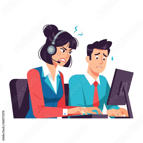 Customer Service Frustration: A tense office scene featuring two figures grappling with the frustrations of customer service.