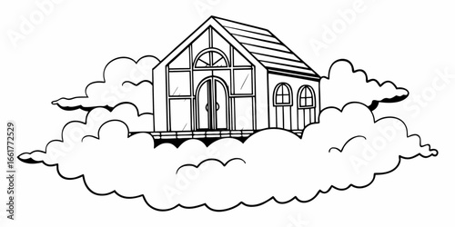 Illustration of a house with large windows and a gabled roof surrounded by fluffy white clouds drawn in black on transparent background
