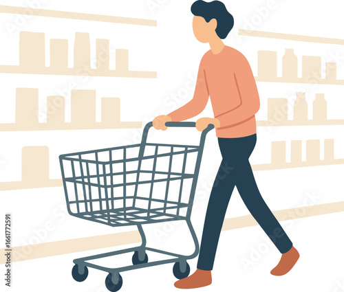 Shopper pushing grocery cart down supermarket aisle