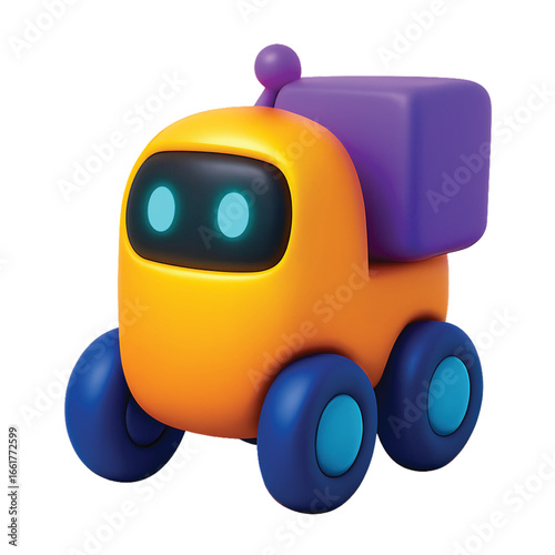 A detailed image of a cute, orange and purple robot toy truck.