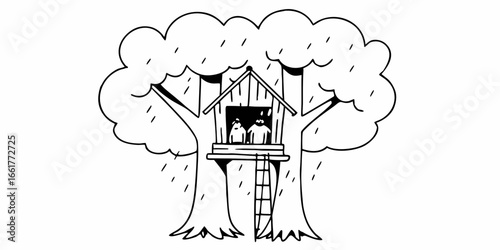 Illustration of a treehouse with two figures inside during a rain shower sketch style with line art on transparent background