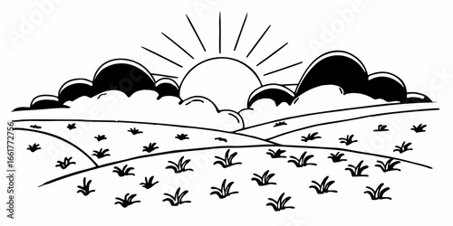 A rural scene of a sun rising over a field with clouds and grass in a black and white sketch style on transparent background