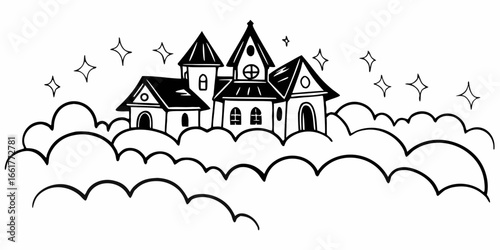 Whimsical drawing of a house on clouds under stars with black outlines and white fill in a cartoon style on transparent background