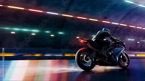 Motorcyclist wearing helmet and protective gear rides sportbike at high speed through futuristic tunnel illuminated with colorful neon lights