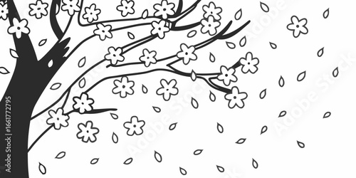 Illustration of a blossoming tree with falling petals in a simple black and white design style on transparent background