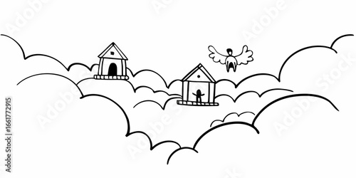 Two houses floating on clouds with a person standing in one and an angel flying near the other house on transparent background