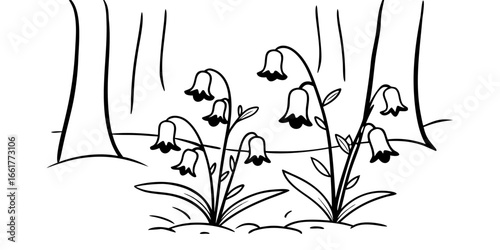 Illustration of bellflowers in a forest setting with trees and simple line drawing style and white background on transparent background