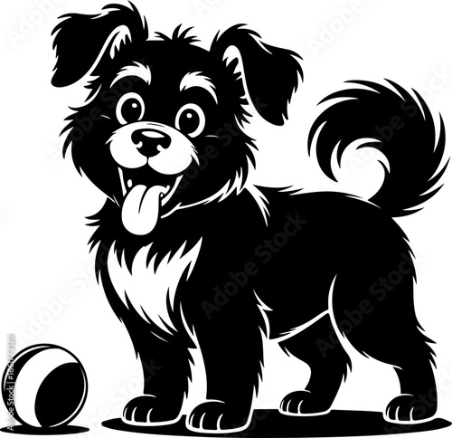 A playful black and white silhouette of a fluffy dog with a wagging tail, standing alert and excited next to a ball 