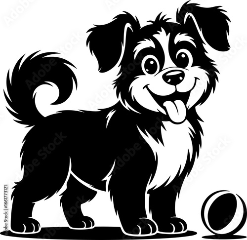 A playful black and white silhouette of a fluffy dog with a wagging tail, standing alert and excited next to a ball 
