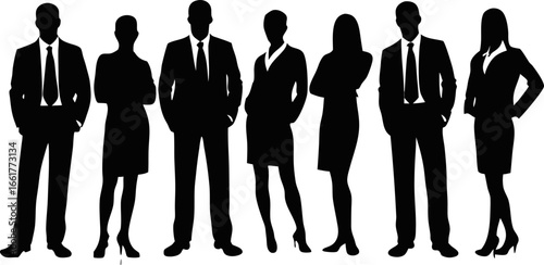 A group of business people standing together in formal attire silhouettes