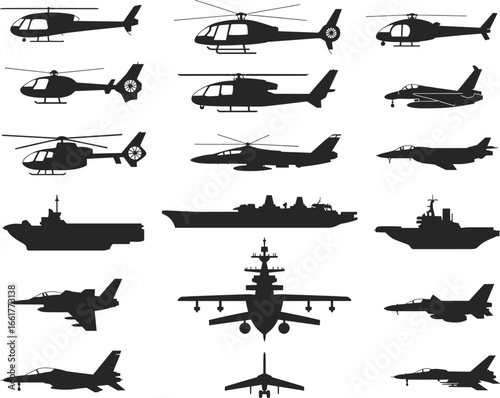 Set of military aircraft and warship silhouettes, collection of helicopters, fighter jets, bombers, and navy ships for defense, aviation, and army vector illustrations