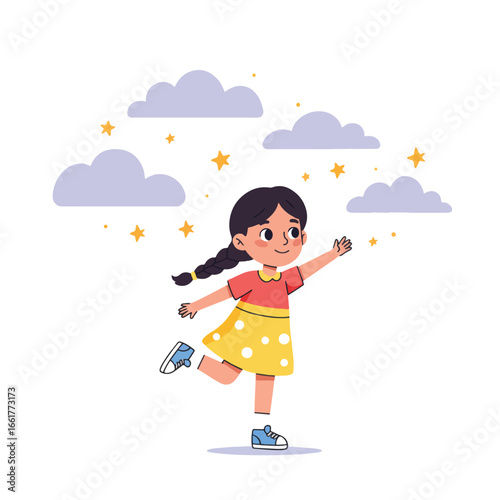 A cheerful young girl reaching for stars among fluffy clouds, expressing joy and dreams.