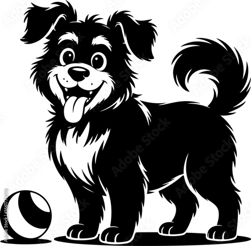 A playful black and white silhouette of a fluffy dog with a wagging tail, standing alert and excited next to a ball 