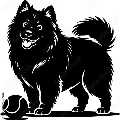 A playful black and white silhouette of a fluffy dog with a wagging tail, standing alert and excited next to a ball 