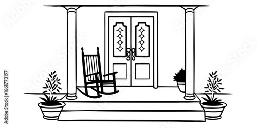 Illustration of a house porch with a rocking chair plants and a double door in black and white style on transparent background