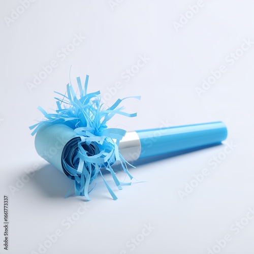 Celebratory turquoise noisemaker with festive streamers for special occasions on white background