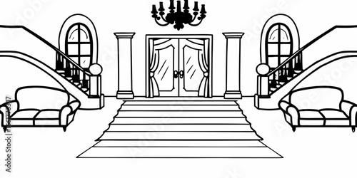 Interior view of a grand hall with staircase sofas and a chandelier in black and white outline style on transparent background