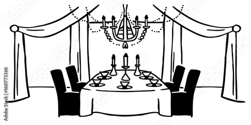 Illustration of a formal dining room with chandelier, table setting, and draped curtains design on transparent background