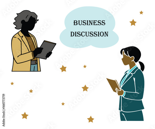 Digital illustration of two business professionals having a corporate discussion with documents
