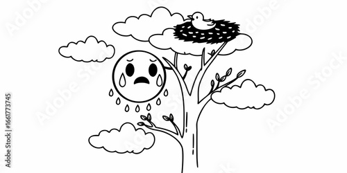 Illustration of a crying sun next to a tree with a bird nest and clouds in a black and white drawing on transparent background