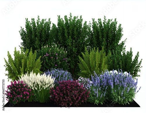 A beautiful and vibrant garden arrangement featuring a diverse collection of lush green shrubs, ornamental grasses, and colorful flowering plants in bloom.