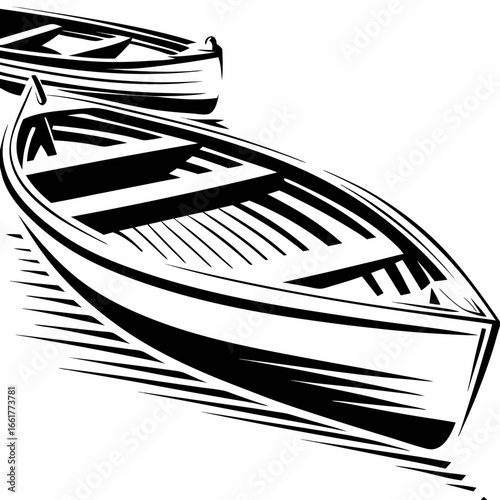 Sleek black and white rowboats glide across calm water, perfect for travel and adventure