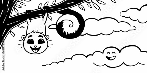 Cartoon meerkat hanging from a tree branch with clouds in a black and white illustration style on transparent background