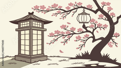 Illustration of japanese garden with pagoda lantern and cherry blossom tree in spring season art