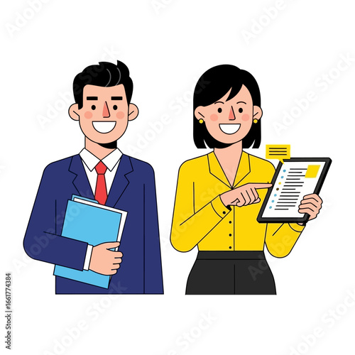 Smart Collaboration: A male and female business professional exude professionalism as they work together, the lady presents with the notepad. Depicting a strong, capable partnership