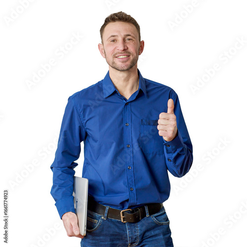 Confident professional with laptop showing thumb up in approval and positivity isolated